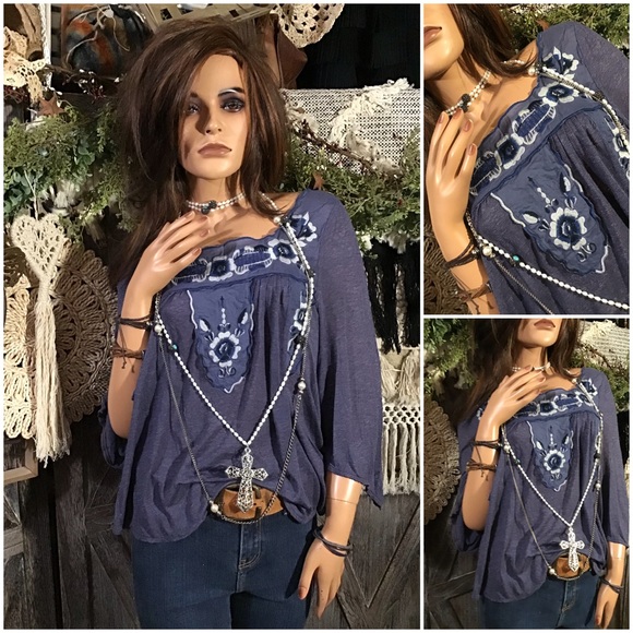 Free People Tops - Heather Blue Embroidered On/Off Shoulder Three Quarter Slanted Sleeve Tunic